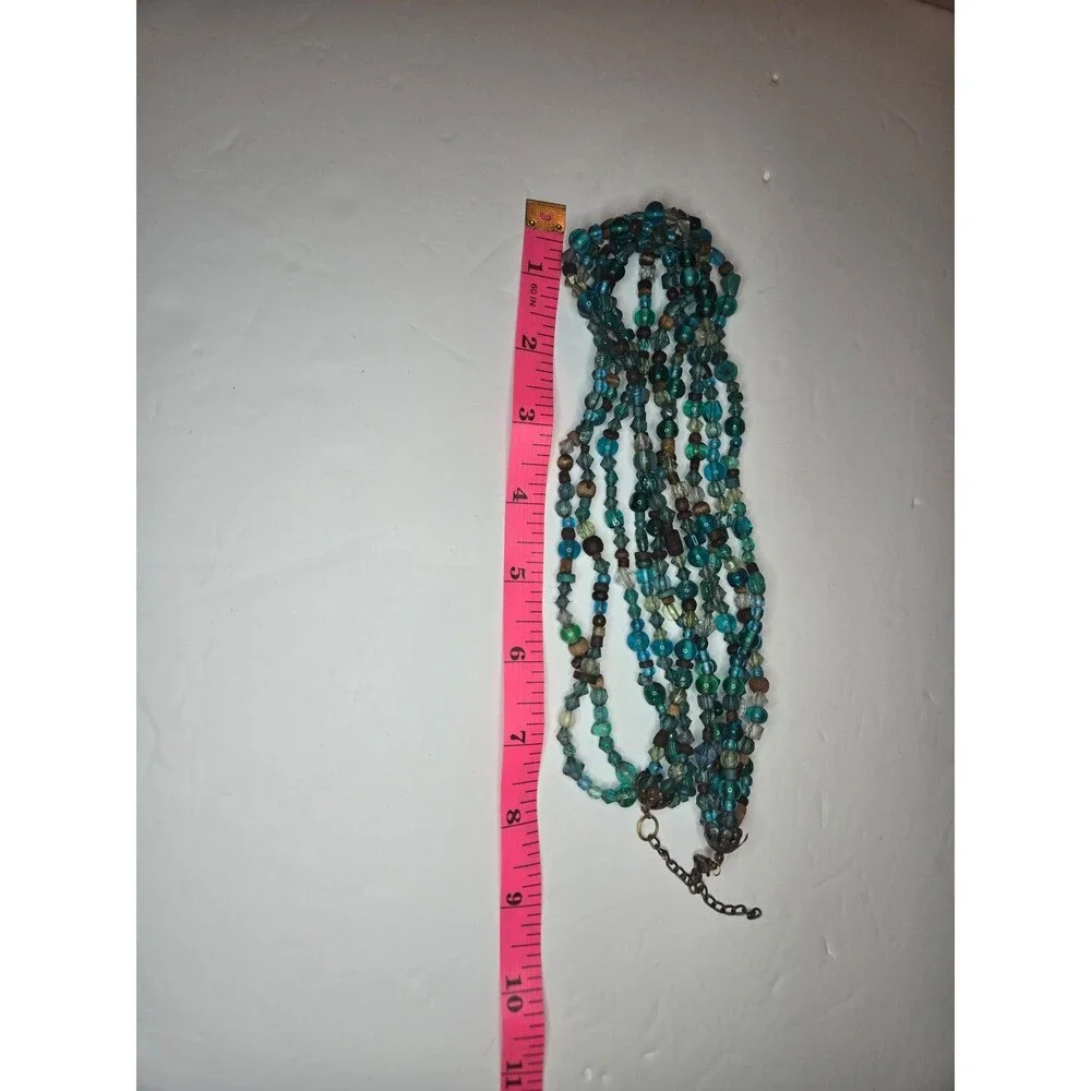 Multistrand Necklace with Green Blue Gold Beads Gold Tone Adjustable Length